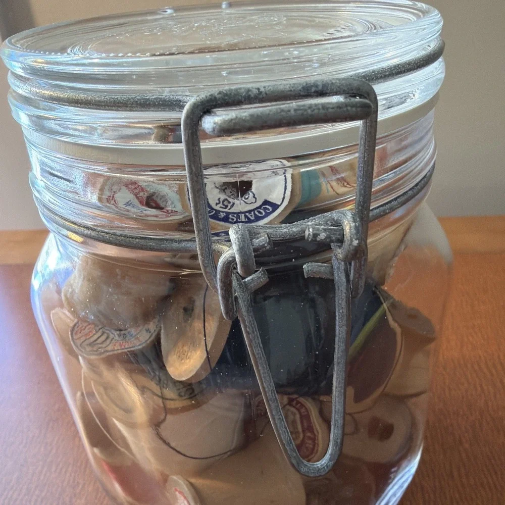 Vtg Fido 1L Glass Jar Made in Italy Bormiolo Rocco  Lid Filled Wooden Spools